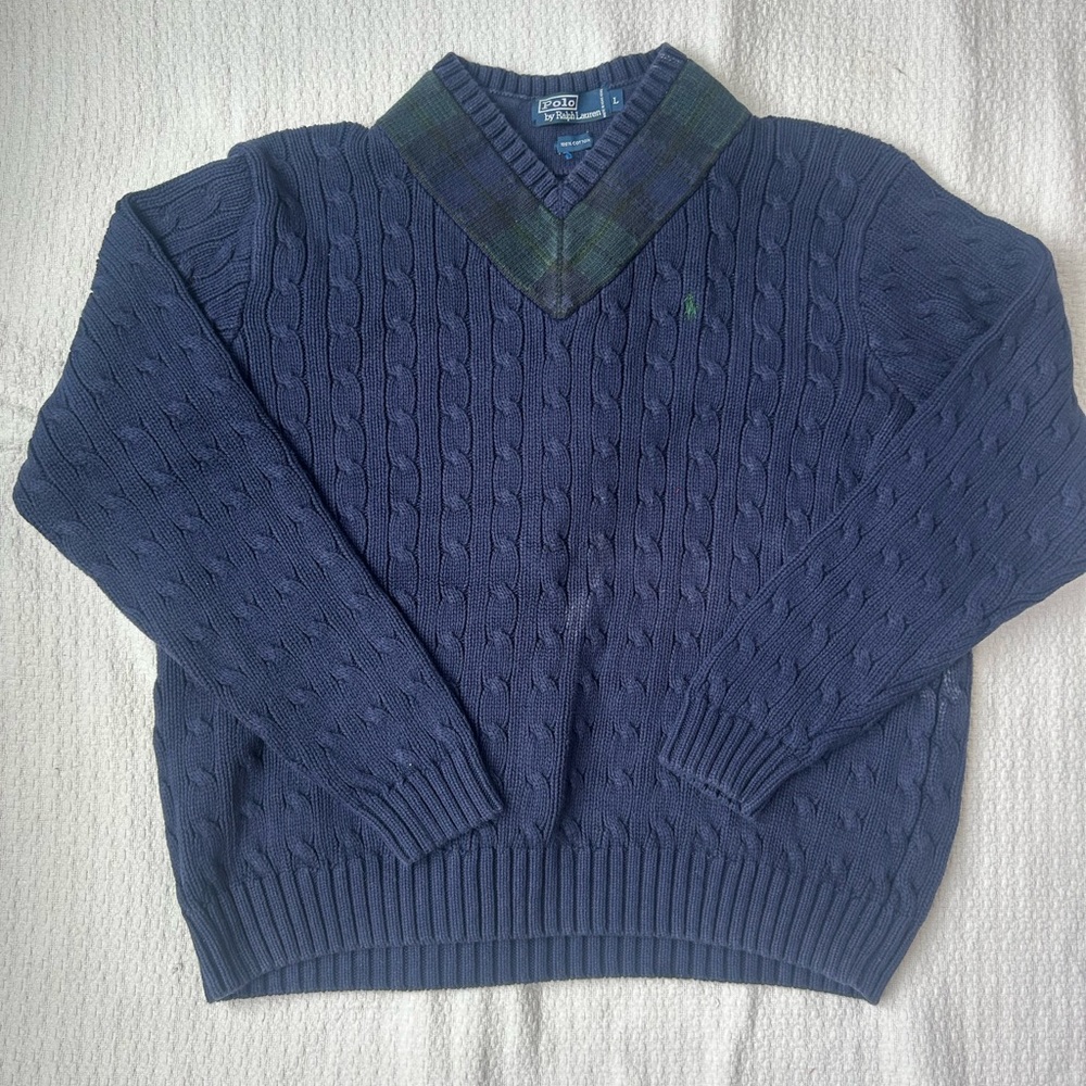 Vintage Polo Navy Cable Knit Sweater with Plaid Collar